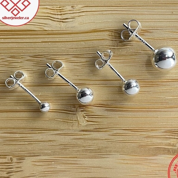 Boucles d'oreilles boule en argent sterling, clous d'oreilles, dos papillon, boucles d'oreilles minimalistes, taille 1,5 mm - 6 mm, petites et grandes boucles d'oreilles simples