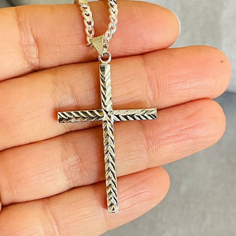 Sterling Silver Cross with Curb Chain, Silver With Diamond Cut Cross Pendant, Men's 925 silver cross Image 1