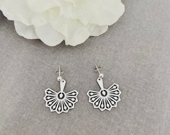 Dainty Sterling Silver Fan Drop Earrings, 925 Silver