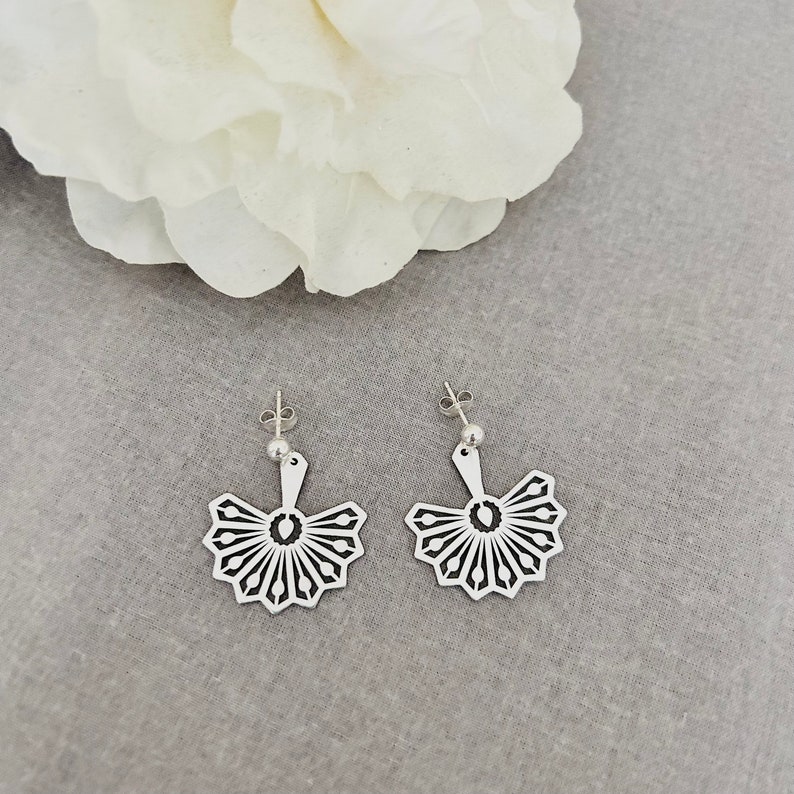 Dainty Sterling Silver Fan Drop Earrings, 925 Silver Image 1