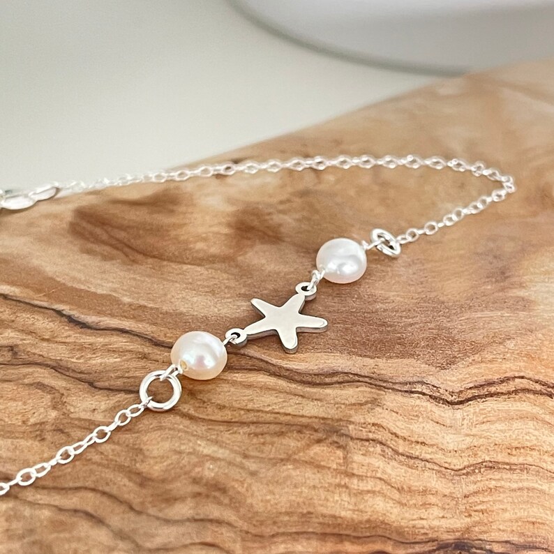 Silver star anklet with freshwater pearls | gift Image 2
