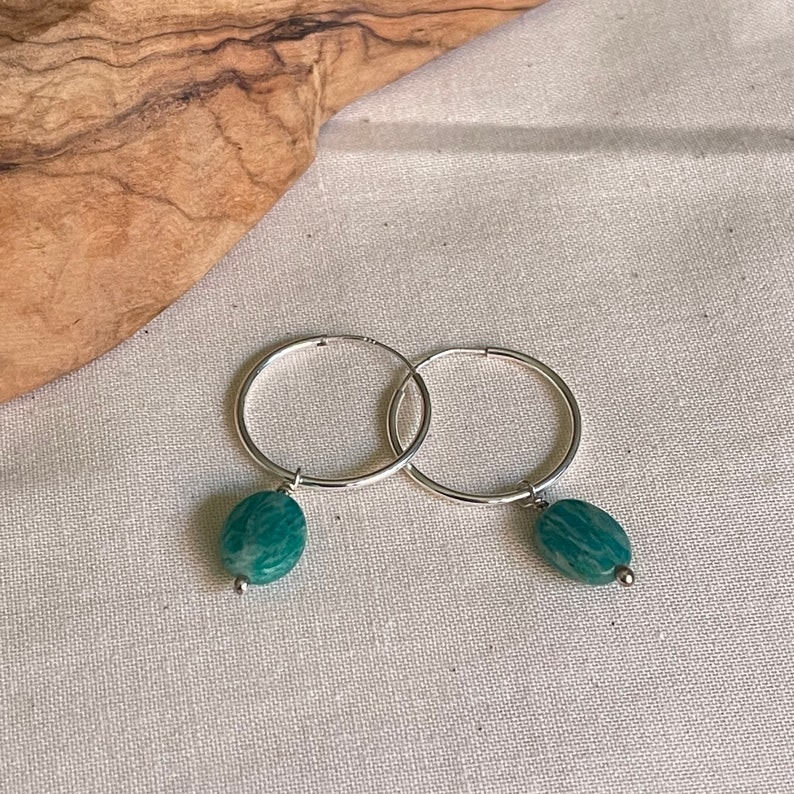 Sterling Silver Jade Hoop Earrings, Dangle Gemstone Earrings Image 3