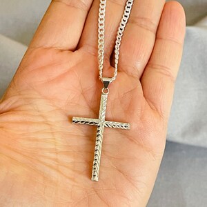 Sterling Silver Cross with Curb Chain, Silver With Diamond Cut Cross Pendant, Men's 925 silver cross Image 8