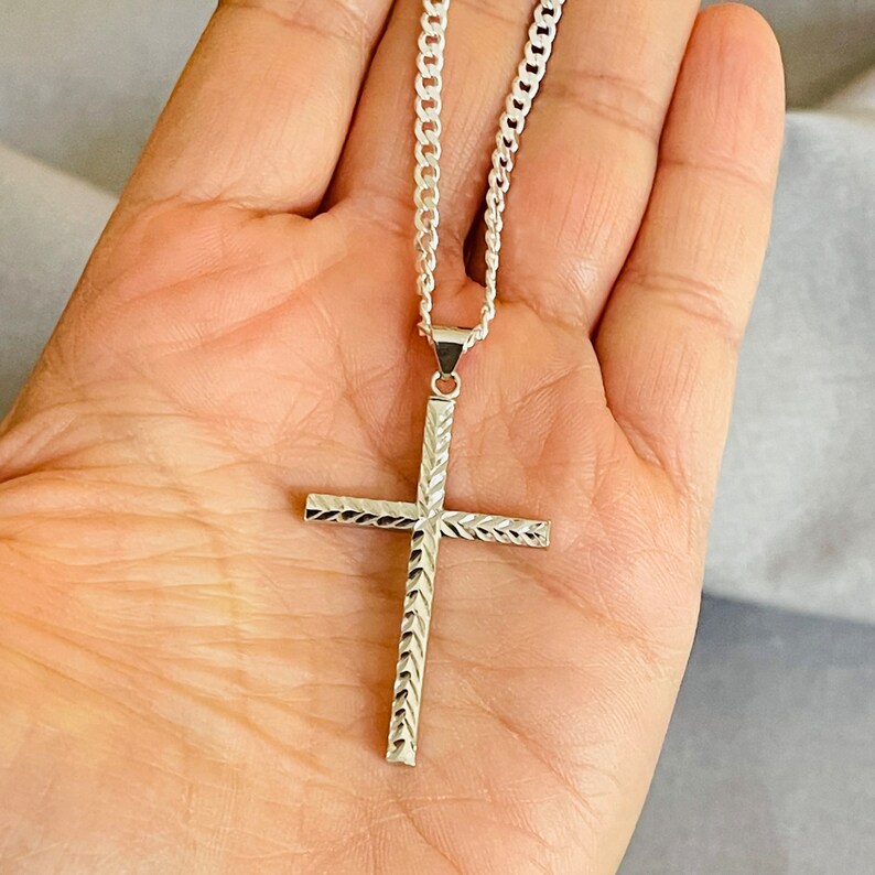 Sterling Silver Cross with Curb Chain, Silver With Diamond Cut Cross Pendant, Men's 925 silver cross Image 8