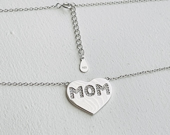 Dainty Mom Heart Necklace, Sterling Silver Mom Love Necklace with Clear CZ Stones, Gift For Mom, Love For Moms