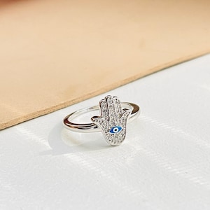 Dainty Sterling Silver Hamsa Ring, Cubic Zirconia, Evil Eye Image 6