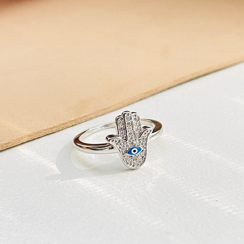 Dainty Sterling Silver Hamsa Ring, Cubic Zirconia, Evil Eye Image 6