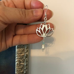 Lotus Sterling Silver Earrings, Freshwater Pearl and Amazonite Dangle Image 5