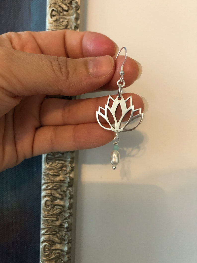 Lotus Sterling Silver Earrings, Freshwater Pearl and Amazonite Dangle Image 5