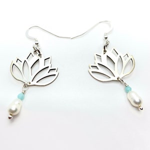 Lotus Sterling Silver Earrings, Freshwater Pearl and Amazonite Dangle Image 1