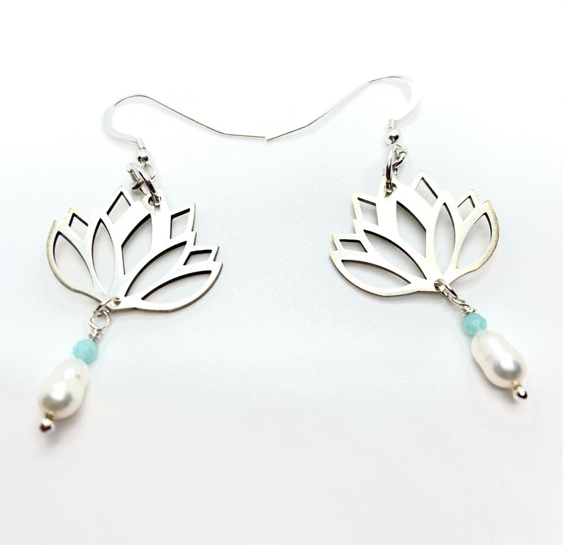 Lotus Sterling Silver Earrings, Freshwater Pearl and Amazonite Dangle Image 1