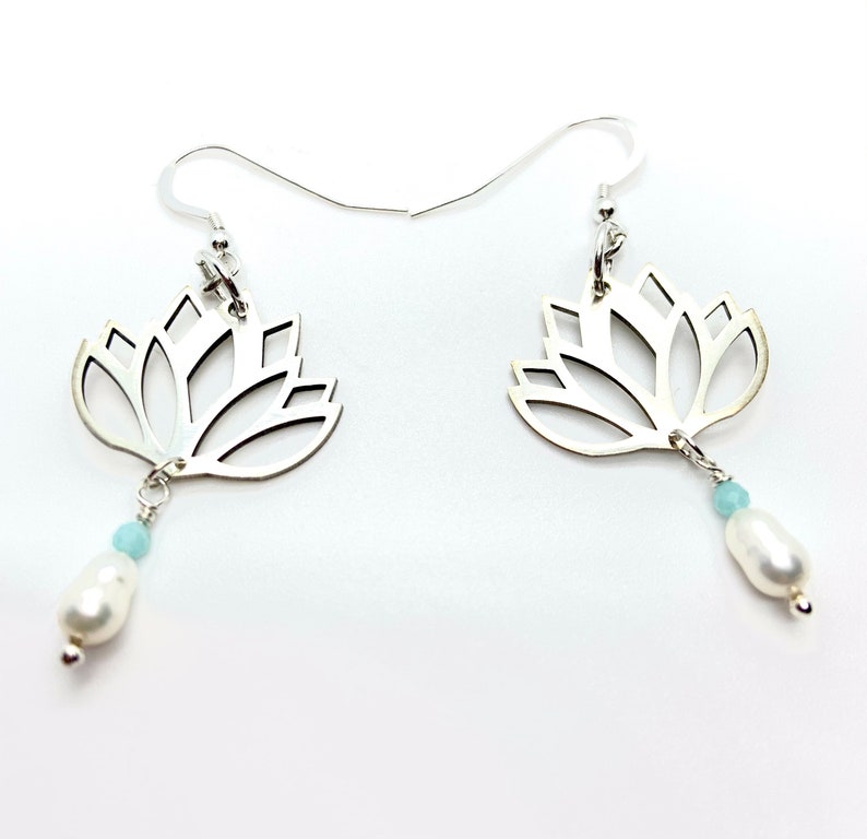 lotus sterling silver earrings with fresh water pearls and small faceted amazonite, dangle and drop earrings, dainty earrings image 1