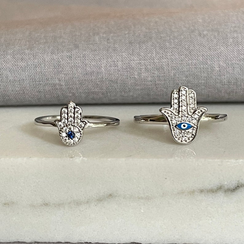 Dainty Sterling Silver Hamsa Ring, Cubic Zirconia, Evil Eye Image 1