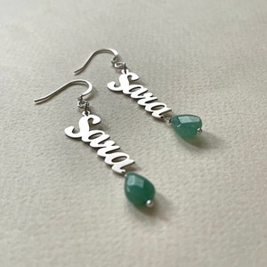 Personalized Sterling Silver Name Earrings with Jade Image 2