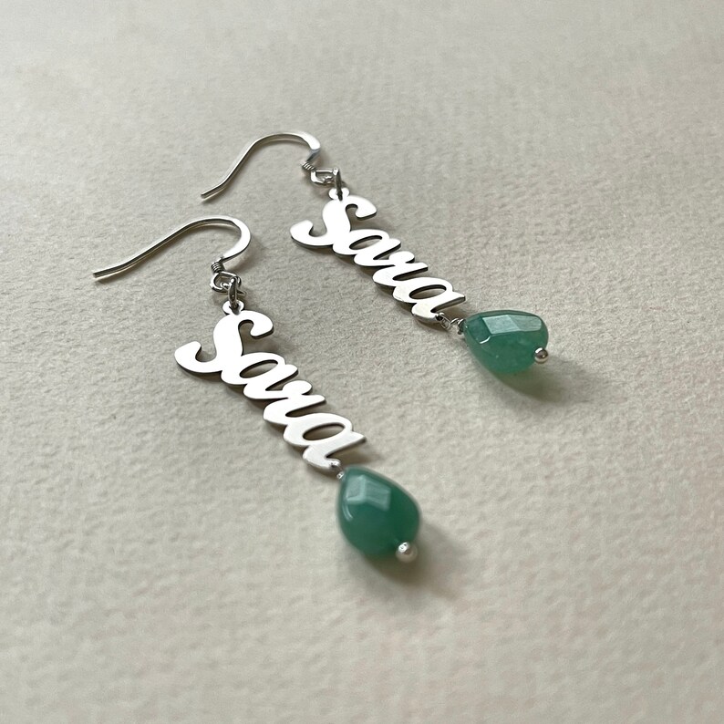 Personalized Sterling Silver Name Earrings with Jade Image 2