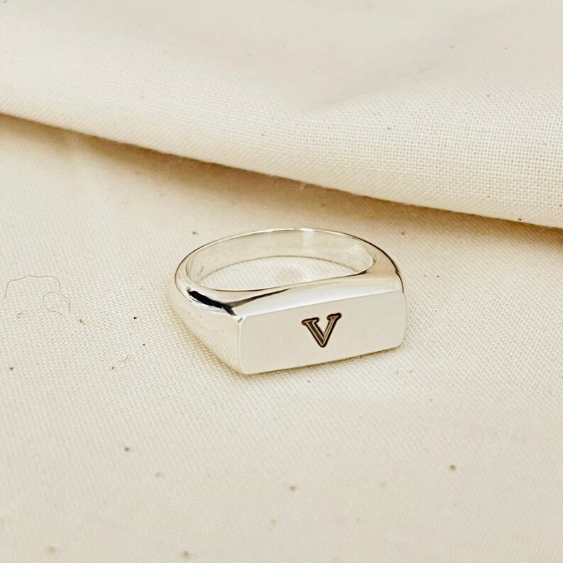 Handmade Sterling Silver Rectangle Signet Ring, Personalized Engraving Image 3