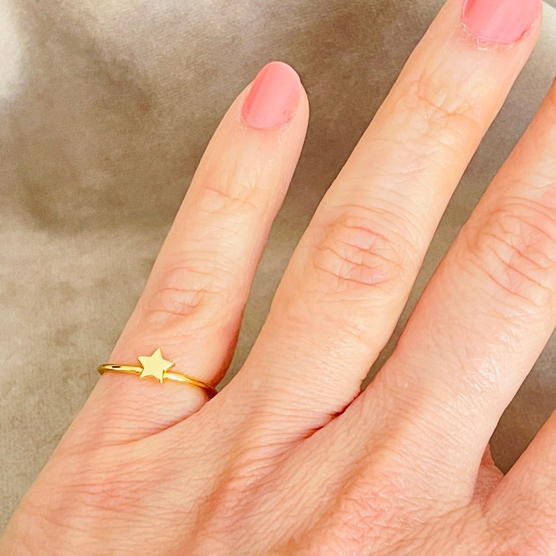 Tiny Gold Star Ring, Sterling Silver Band Image 2