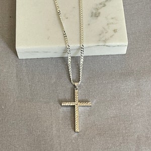 Sterling Silver Cross with Curb Chain, Silver With Diamond Cut Cross Pendant, Men's 925 silver cross Image 2