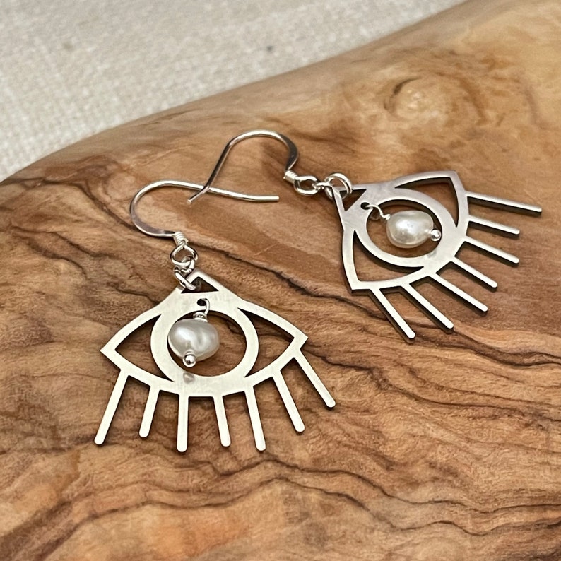Sterling Silver Devil Eye Earrings | Freshwater Pearl Charm Image 3