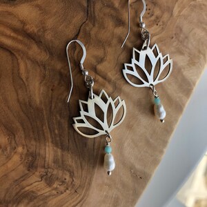 Lotus Sterling Silver Earrings, Freshwater Pearl and Amazonite Dangle Image 4