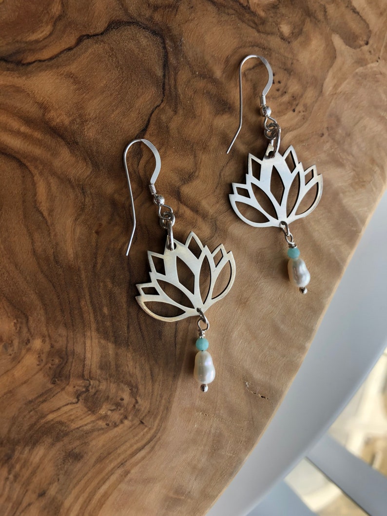 Lotus Sterling Silver Earrings, Freshwater Pearl and Amazonite Dangle Image 4