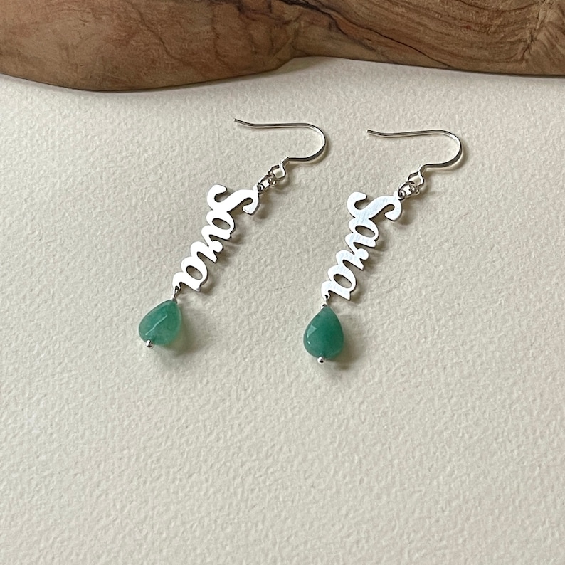Personalized Sterling Silver Name Earrings with Jade Image 4