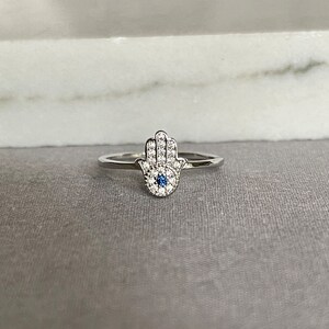 Dainty Sterling Silver Hamsa Ring, Cubic Zirconia, Evil Eye Image 2
