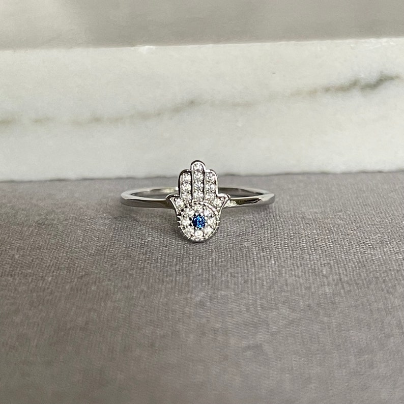 Dainty Sterling Silver Hamsa Ring, Cubic Zirconia, Evil Eye Image 2