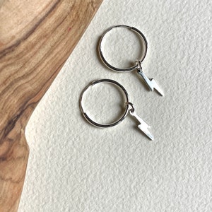 Sterling Silver Lightning Bolt Hoop Earrings, Dainty Everyday Jewelry Image 1