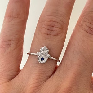 Dainty Sterling Silver Hamsa Ring, Cubic Zirconia, Evil Eye Image 5