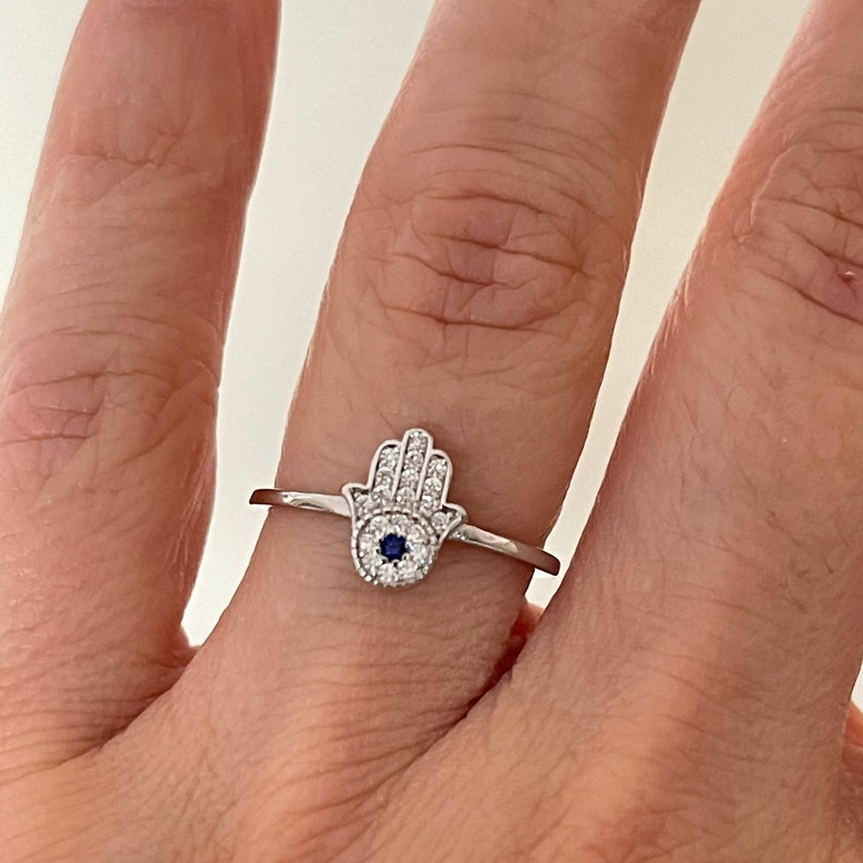 Dainty Sterling Silver Hamsa Ring, Cubic Zirconia, Evil Eye Image 5