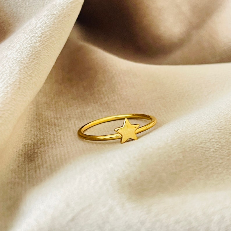 Tiny Gold Star Ring, Sterling Silver Band Image 1