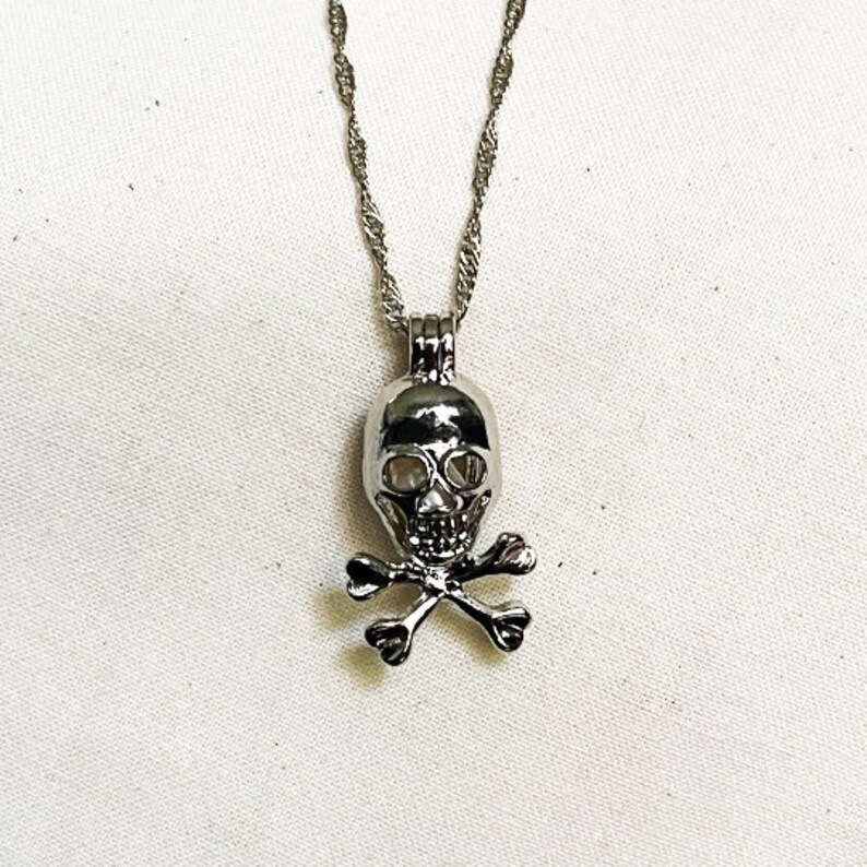 Skull Pearl Cage Pendant, Sterling Silver Necklace, Halloween Gift Image 2