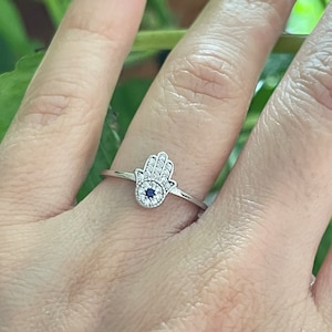 Dainty Sterling Silver Hamsa Ring, Cubic Zirconia, Evil Eye Image 7