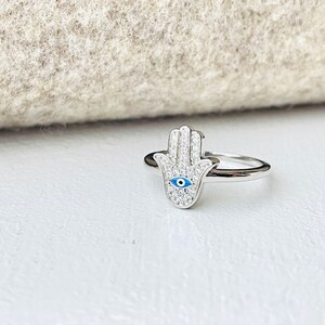 Dainty Sterling Silver Hamsa Ring, Cubic Zirconia, Evil Eye Image 9