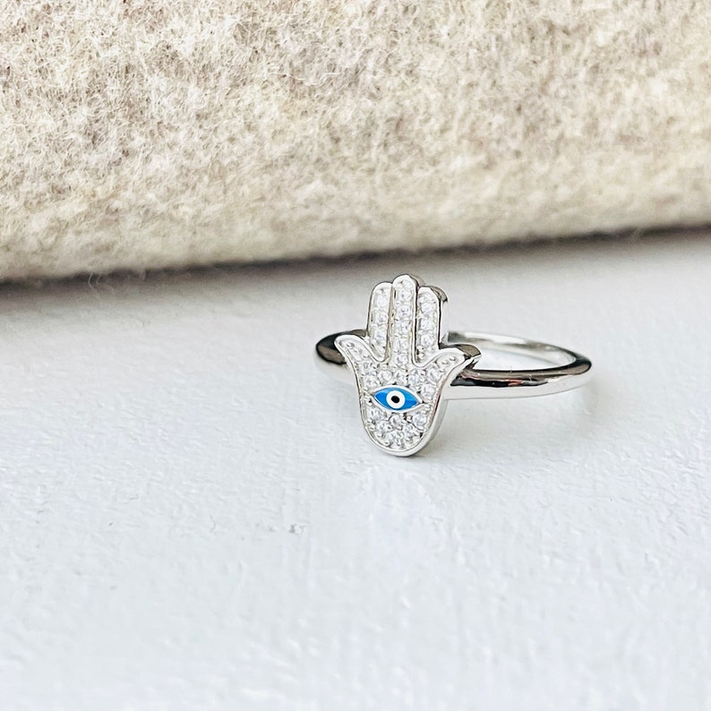 Dainty Sterling Silver Hamsa Ring, Cubic Zirconia, Evil Eye Image 9