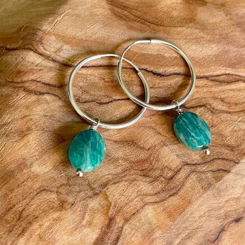 Sterling Silver Jade Hoop Earrings, Dangle Gemstone Earrings Image 2