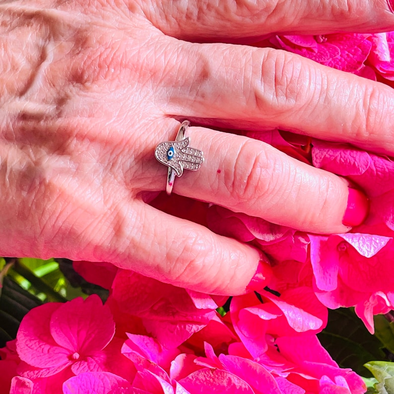 Dainty Sterling Silver Hamsa Ring, Cubic Zirconia, Evil Eye Image 4