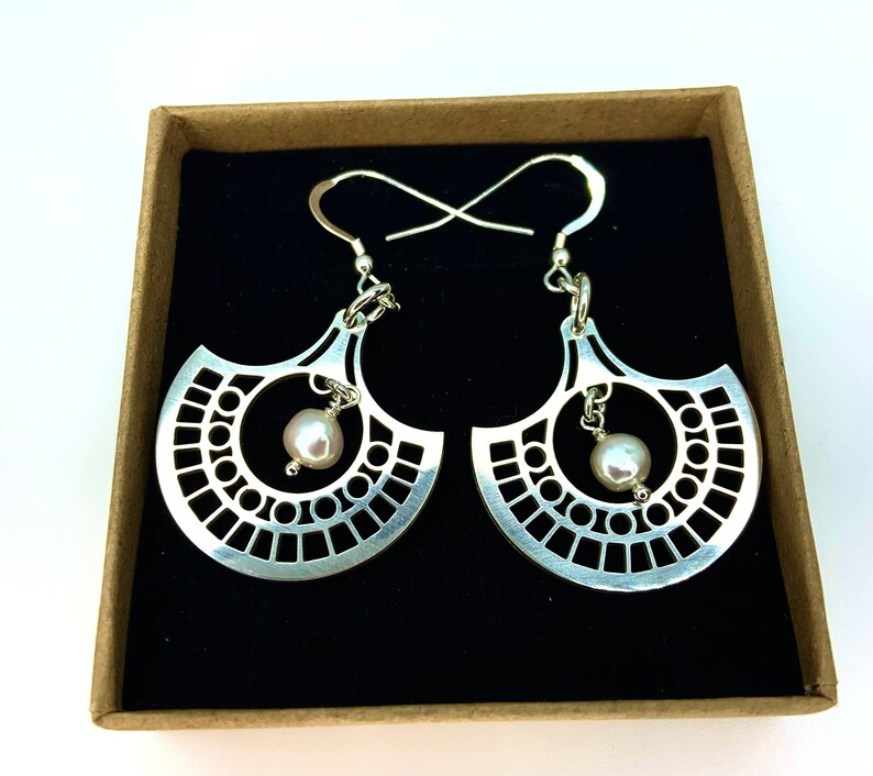 Geometric Earrings In Sterling Silver With Fresh Water Pearls, Durable, Gift image 6