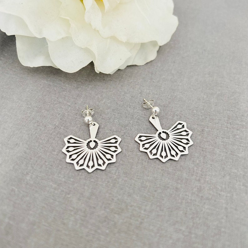 Dainty Sterling Silver Fan Drop Earrings, 925 Silver Image 6