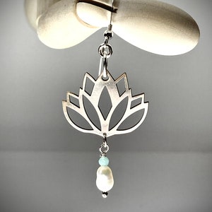 Lotus Sterling Silver Earrings, Freshwater Pearl and Amazonite Dangle Image 3