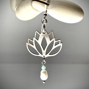 lotus sterling silver earrings with fresh water pearls and small faceted amazonite, dangle and drop earrings, dainty earrings image 3