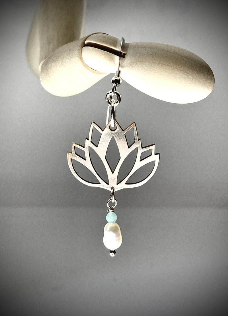 Lotus Sterling Silver Earrings, Freshwater Pearl and Amazonite Dangle Image 3