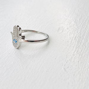 Dainty Sterling Silver Hamsa Ring, Cubic Zirconia, Evil Eye Image 8