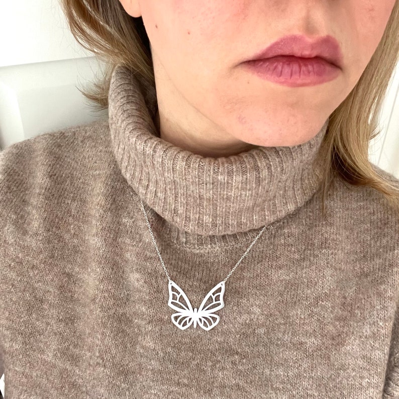 Sterling silver cut-out butterfly necklace best choice to buy as a gift Large Butterfly Necklace , Big Butterfly Necklace Silver image 2