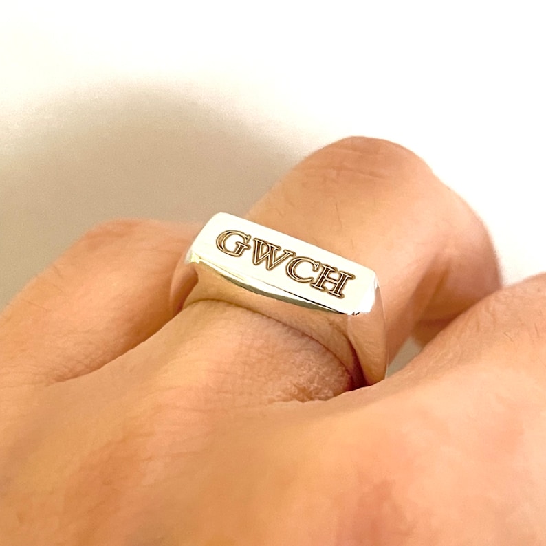 Handmade Sterling Silver Rectangle Signet Ring, Personalized Engraving Image 1