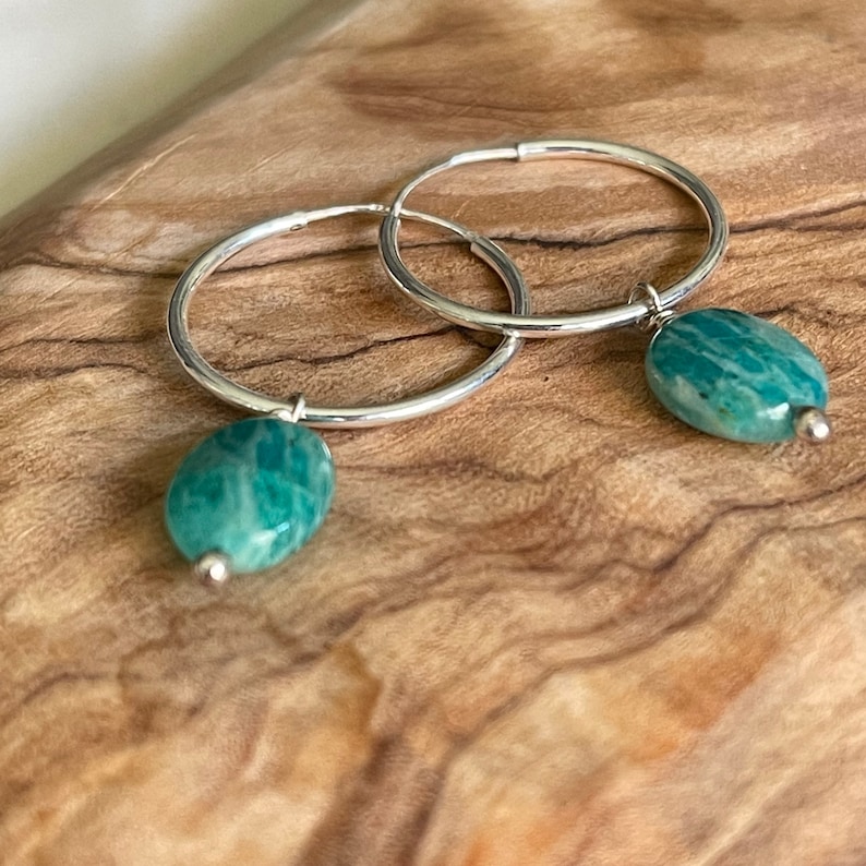 Sterling Silver Jade Hoop Earrings, Dangle Gemstone Earrings Image 9