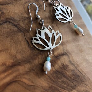 lotus sterling silver earrings with fresh water pearls and small faceted amazonite, dangle and drop earrings, dainty earrings image 2