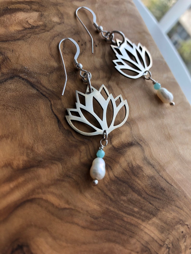 Lotus Sterling Silver Earrings, Freshwater Pearl and Amazonite Dangle Image 2