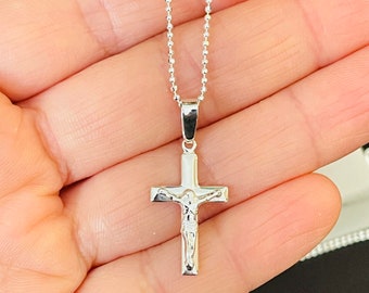 Sterling Silver Crucifix Cross With Bead chain, 925 Silver Cross Pendant, Cross Necklace For Women